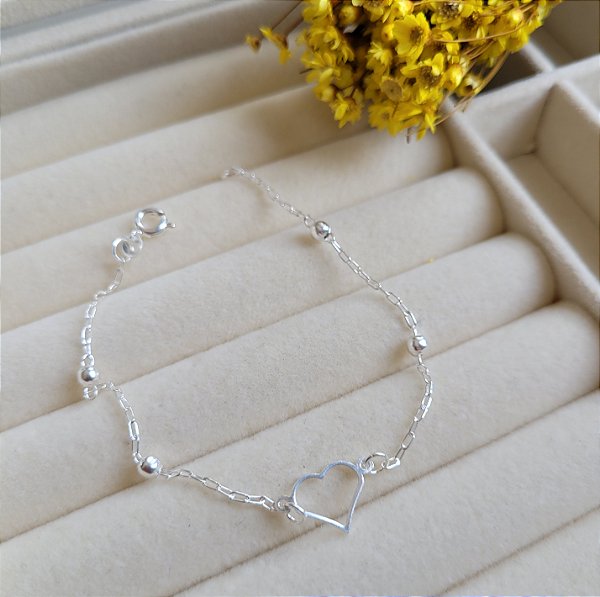 Pulseira Bolinhas com Coração- Prata 925