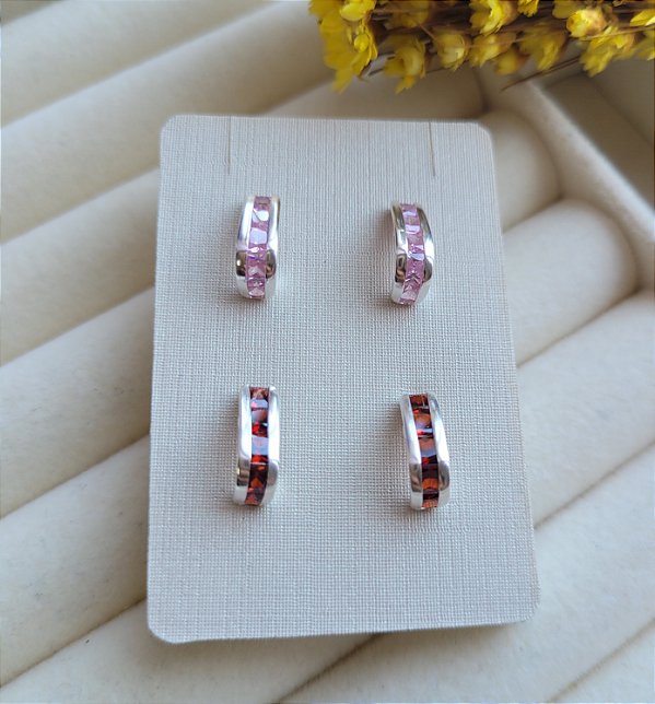 Brinco Meia argola com Zircônia - Prata 925