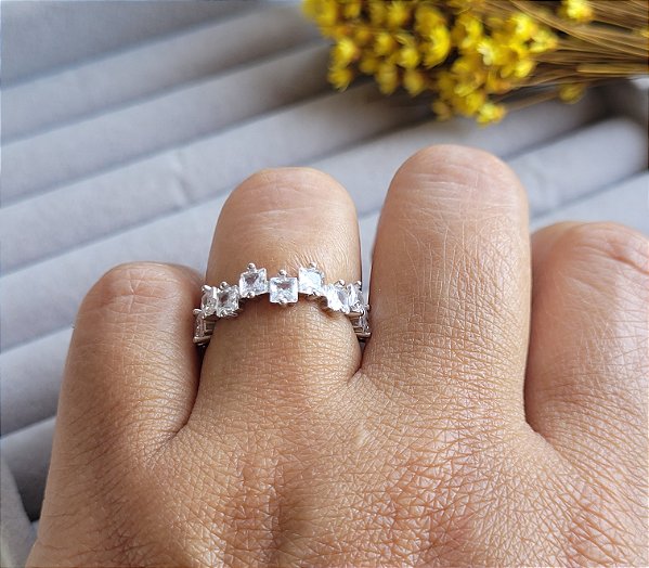 Anel Cravação Quadrada - Prata 925 e Ródio