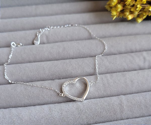 Pulseira Coração meio Cravejado - Prata 925