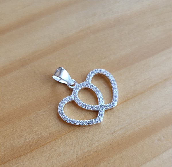 Pingente Coração Duplo Cravação Pavê- Prata 925