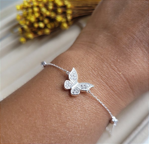 Pulseira Borboleta c/ 2 Zircônia - Prata 925