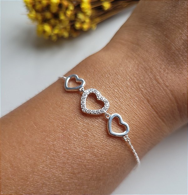 Pulseira 3 Corações - Prata 925