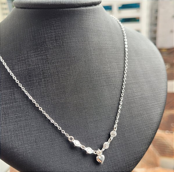 Colar quatro Zircônia e Coração - Prata 925