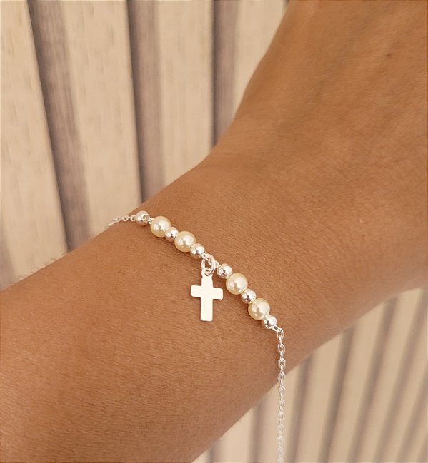 Pulseira Pérola, Bola e Cruz - Prata 925