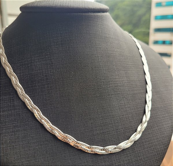 Colar Trança 2 Fio Laminada 45 cm- Prata 925