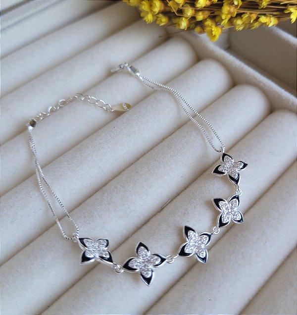 Pulseira Flor c/ resina e cravação - Prata 925