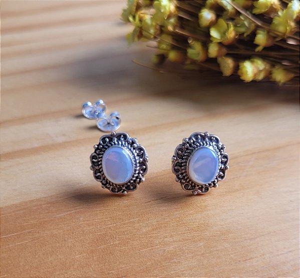 Brinco Envelhecido Madre Pérola Oval - Prata 925