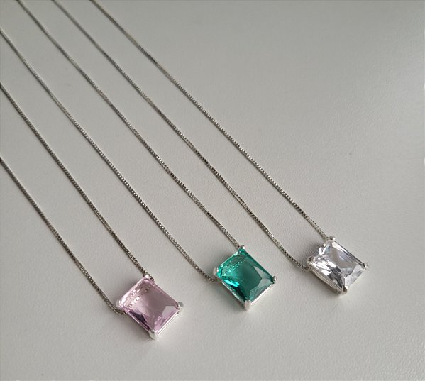 Colar Pedra Retangular Zircônia - Prata 925