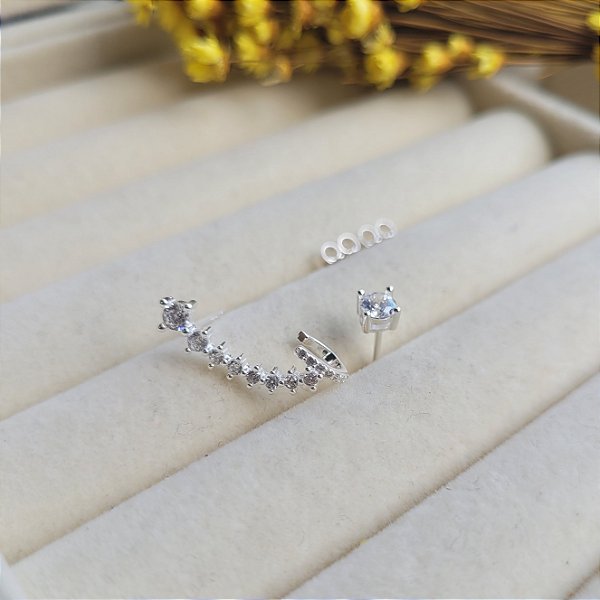 Brinco Ponto de Luz e Ear Cuff - Prata 925
