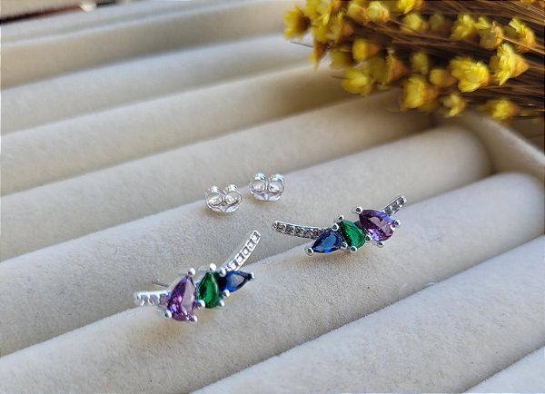 Brinco Ear Cuff Gotas e Cravação - Prata 925 e Ródio