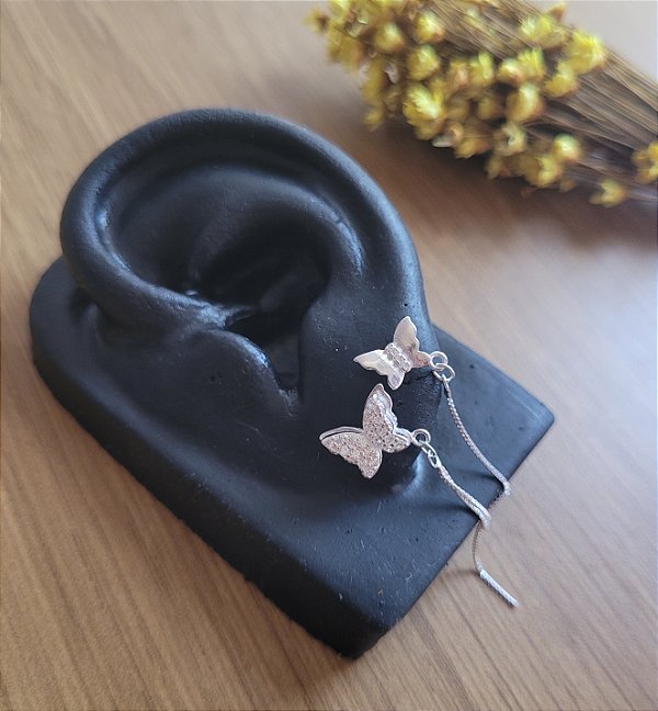 Brinco Borboleta Duplo c/ Corrente- Prata 925