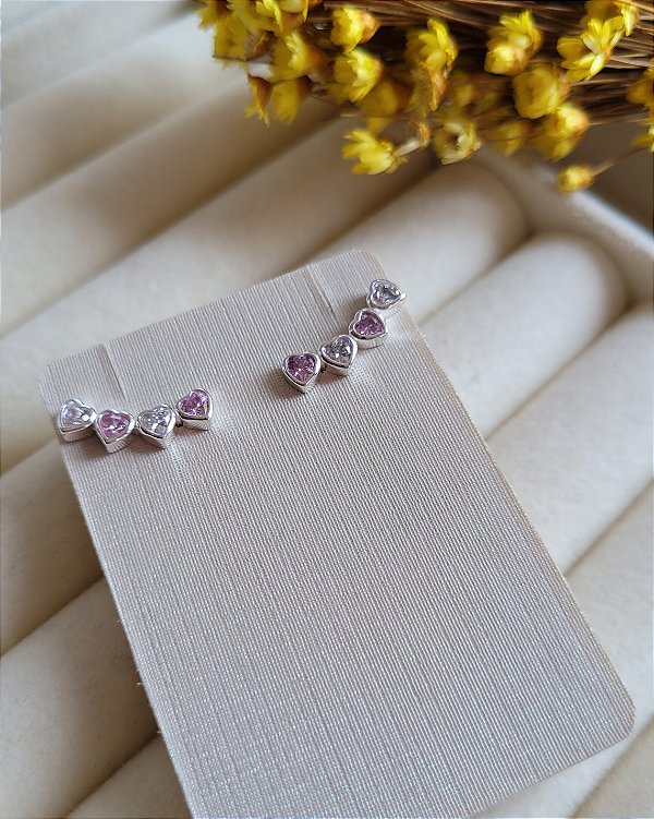 Brinco Ear Cuff Corações Zircônias - Prata 925