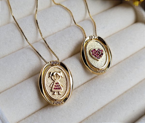 Colar Cravejado Menina Dupla Face - Semijoia 18k