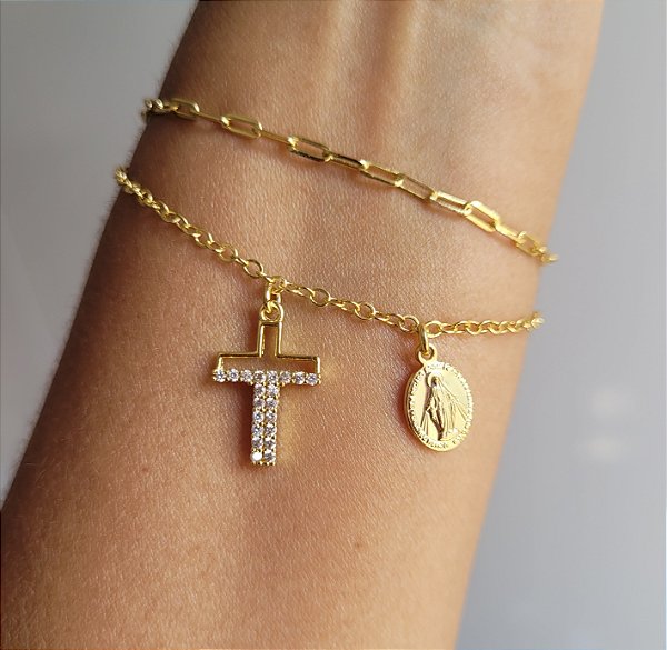 Pulseira Dupla N. Sra das Graças e Cruz - Semijoias