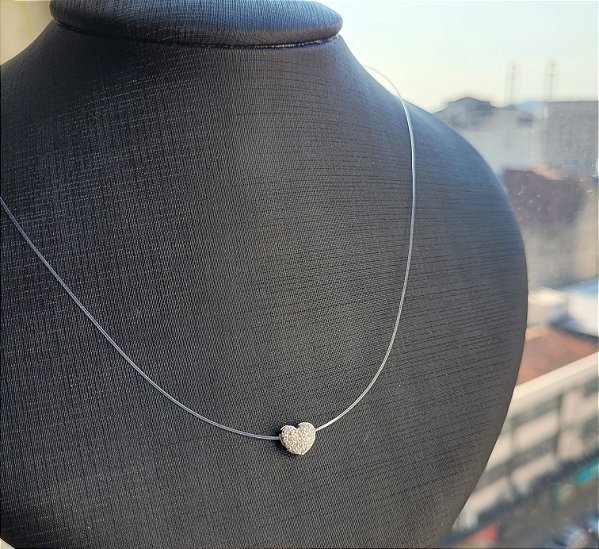 Colar Nylon Coração Cravejado - Prata 925