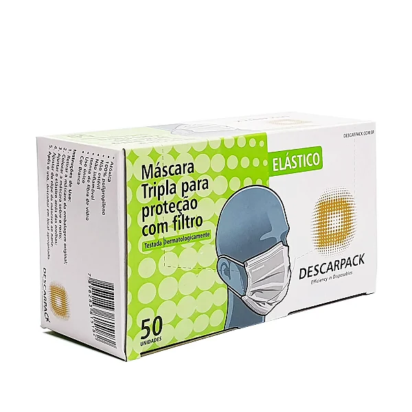Máscara Descartável Tripla Proteção Com Elástico Caixa com 50un Descarpack