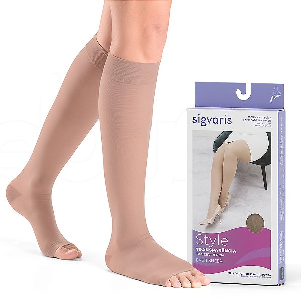 Meia Sigvaris Ever Sheer 782 20-30 mmHg 3/4 Panturrilha Natural Ponteira Aberta Média Compressão