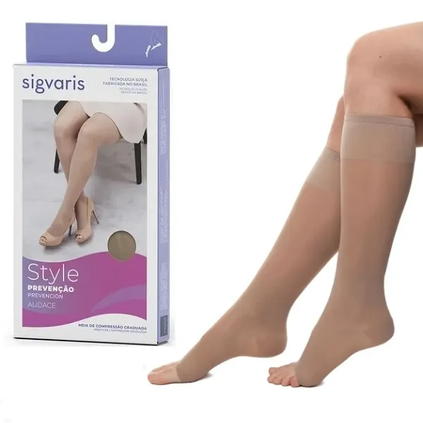 Meia Sigvaris Audace 120A 15-20 mmHg 3/4 Panturrilha Cor Natural Ponteira Aberta Suave Compressão