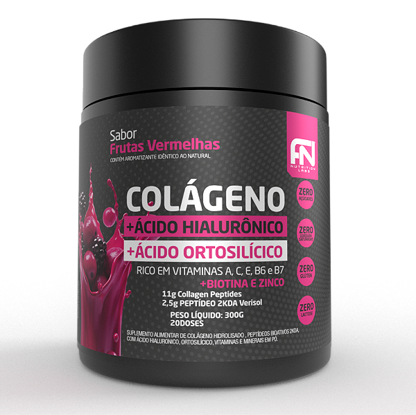 Colágeno Hidrolisado Peptídeo Bio ativos 2kda com Ácido Hialurônico, Ortosilicílico, Biotina e Zinco + Vitaminas Frutas Vermelhas