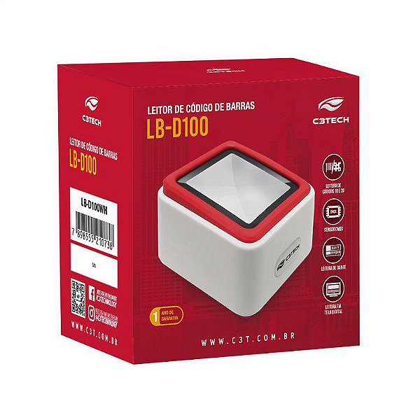 LEITOR DE CODIGO DE BARRAS 1D/2D USB BRANCO LB-D100WH C3 TECH