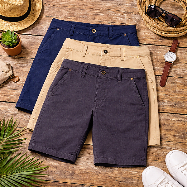 Kit 3 Bermudas Masculina em Sarja Premium - Cores Sortidas