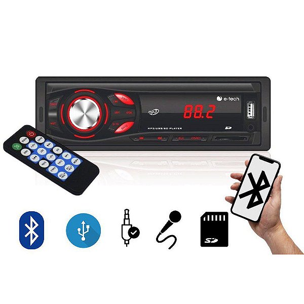 Rádio Carro Automotivo Mp3 E-tech Light Bluetooth Usb Aux Sd
