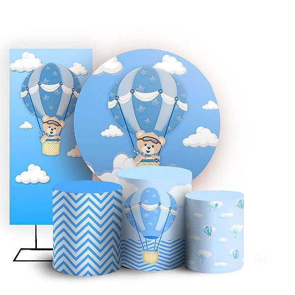 KIT Redondo Trio e Faixa - Ursinho Baloeiro Azul - Sublimado 3D