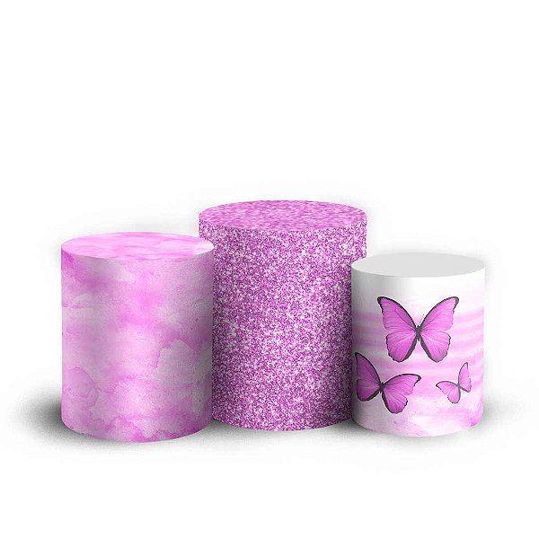 Trio Cilindro -  Borboletas Rosa - Sublimado 3D + Elástico
