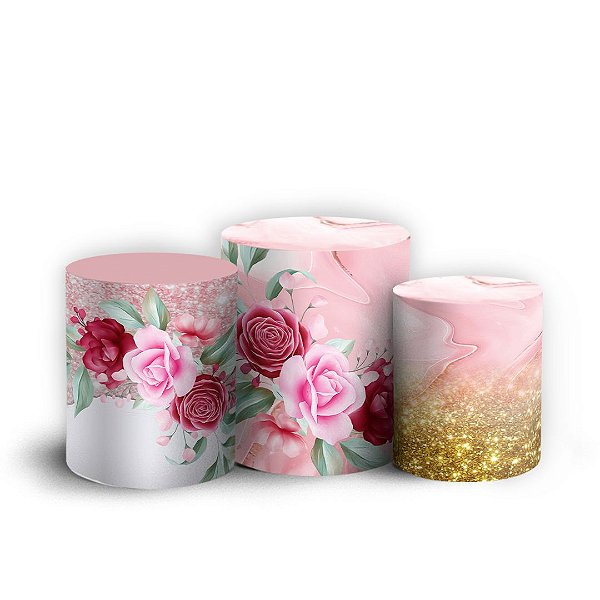 Trio Cilindro - Floral Rosa - Sublimado 3D + Elástico