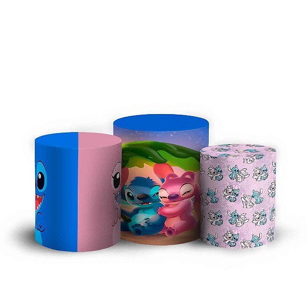 Trio Cilindro -  Stitch e Angel (Lilo e Stitch) - Sublimado 3D + Elástico