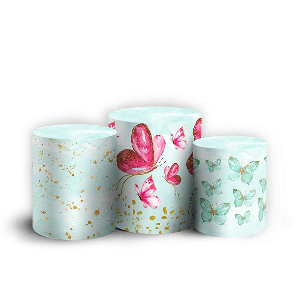 Trio Cilindro - Borboletas Glitter - Sublimado 3D + Elástico