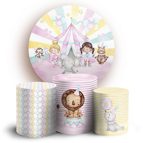 KIT Redondo e Trio - Circo Rosa Aquarelado - Sublimado 3D