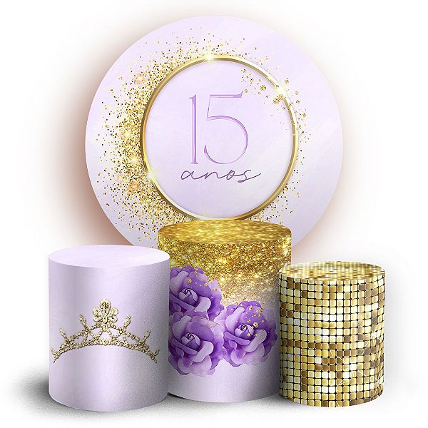 KIT Redondo e Trio -  15 Anos Lilas Dourado - Sublimado 3D