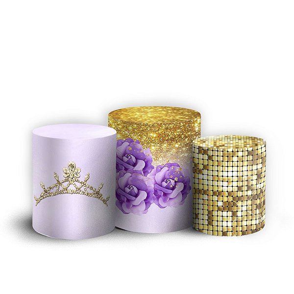 Trio Cilindro - 15 Anos Lilas Dourado - Sublimado 3D + Elástico