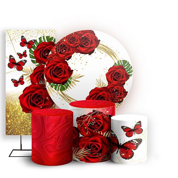 KIT Redondo Trio e Faixa - Floral Borboleta Vermelha - Sublimado 3D