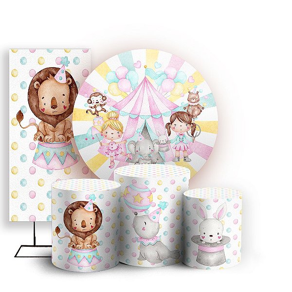 KIT Redondo Trio e Faixa - Circo Rosa Aquarelado - Sublimado 3D