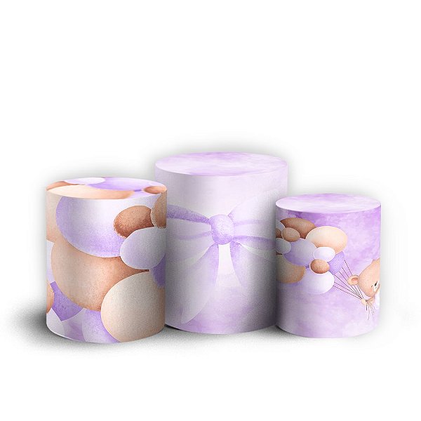 Trio Cilindro - Ursinha Lilas - Sublimado 3D + Elástico