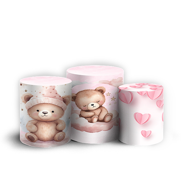 Trio Cilindro - Ursinha Rosa - Sublimado 3D + Elástico