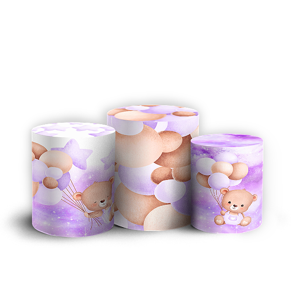 Trio Cilindro - Ursinha Lilas - Sublimado 3D + Elástico