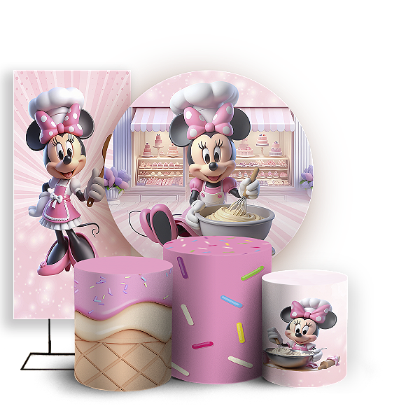 KIT Redondo Trio e Faixa - Minnie Confeiteira - Sublimado 3D