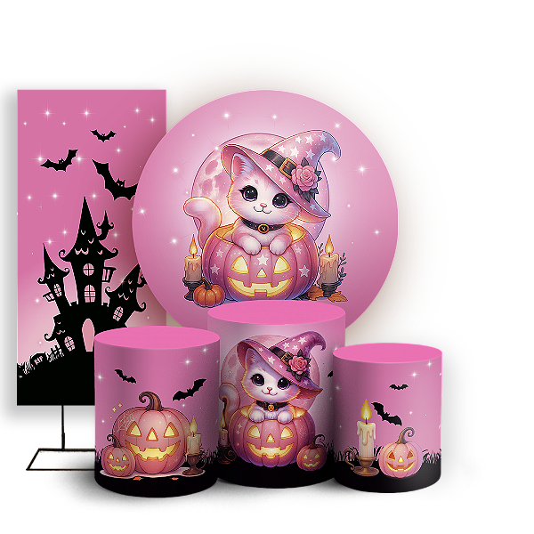KIT Redondo Trio e Faixa - Gato Dia das Bruxas Halloween - Sublimado 3D