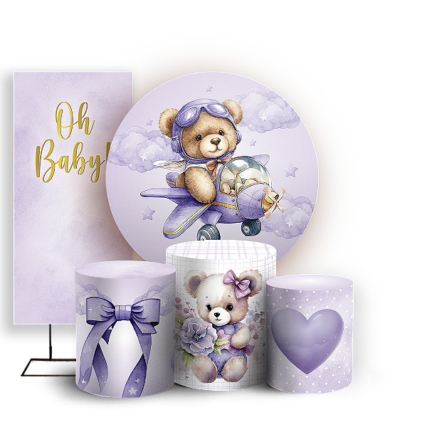 KIT Redondo Trio e Faixa Sublimado 3D - Ursinha Lilás