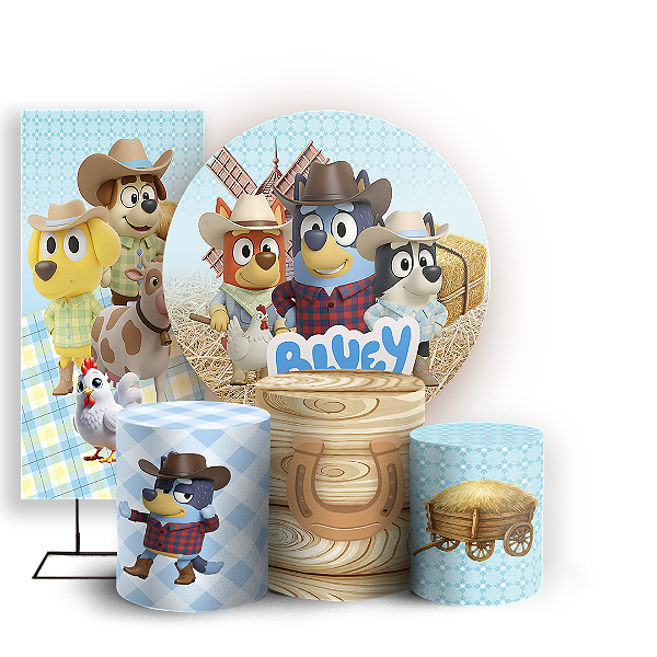 KIT Redondo Trio e Faixa Sublimado 3D - Bluey Fazendinha