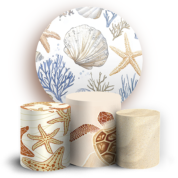 Capas Painel Redondo e Trio Cilindro Sublimado - Fundo do Mar Conchas