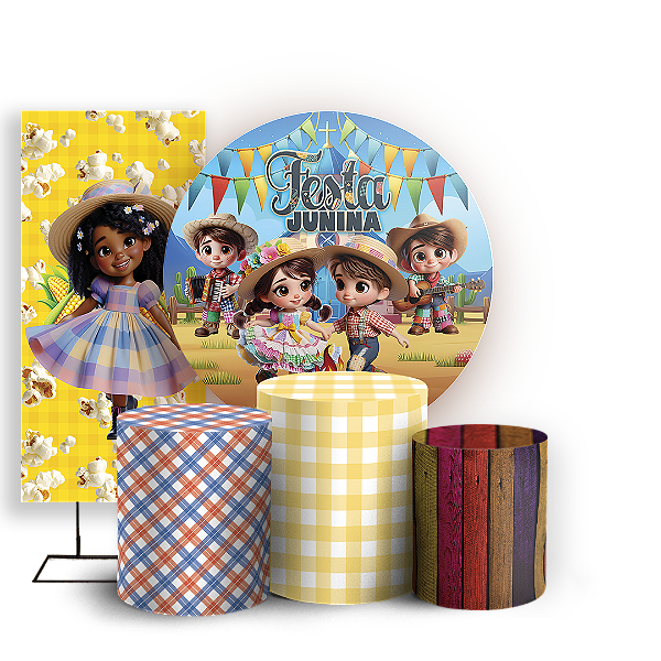 Capas Painel Redondo Trio Cilindro e Faixa Lateral Sublimado - Festa Junina