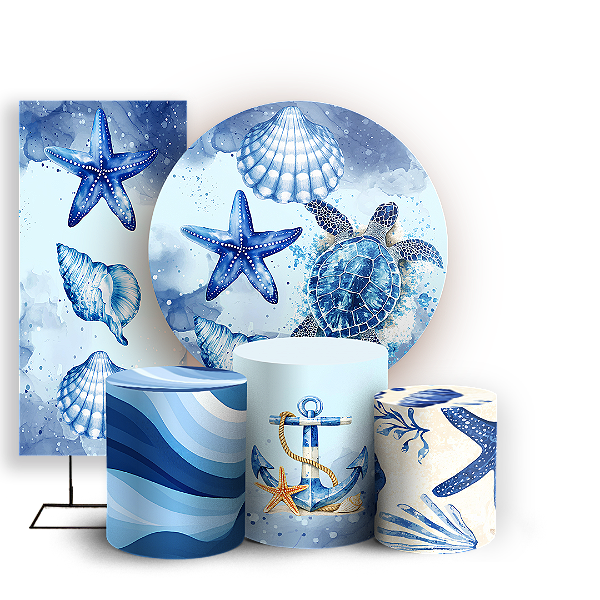 Capas Painel Redondo Trio Cilindro e Faixa Lateral Sublimado - Fundo do Mar Conchas