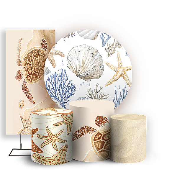 Capas Painel Redondo Trio Cilindro e Faixa Lateral Sublimado - Fundo do Mar Conchas