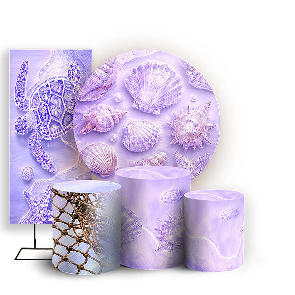 Capas Painel Redondo Trio Cilindro e Faixa Lateral Sublimado - Fundo do Mar Conchas