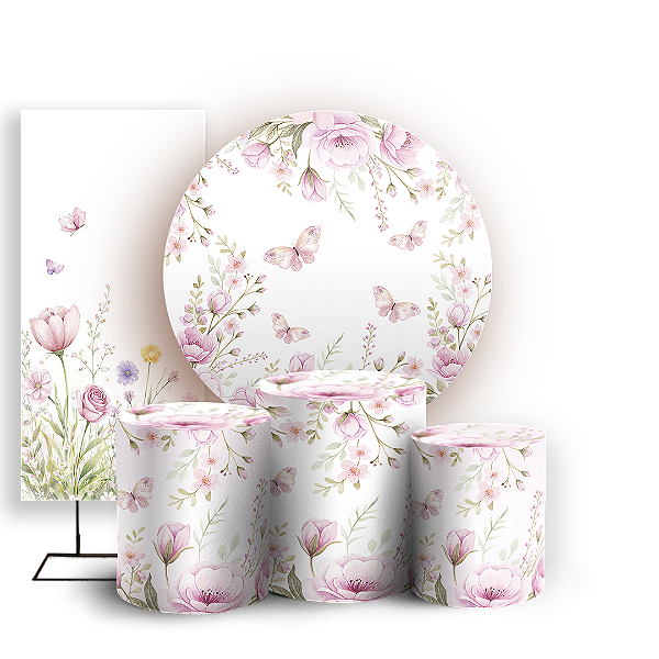 Capas Painel Redondo Trio Cilindro e Faixa Lateral Sublimado - Jardim Rosa